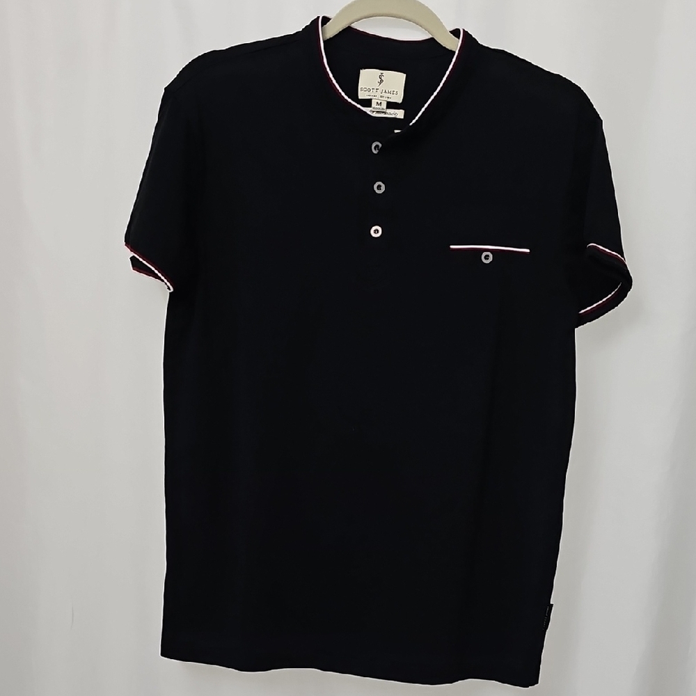 Stylish Black Button Polo Shirt with White and Red Trim